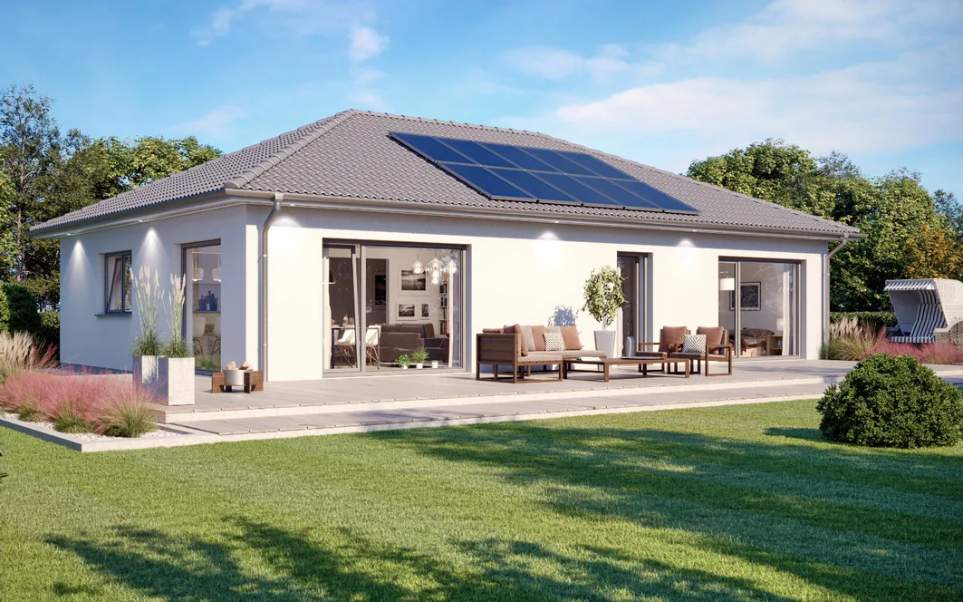 Terrassenansicht des Bungalows SH 105 B - Variante B mit optionaler Panoramaverglasung
