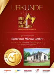 1. Platz bei Das Haus des Jahres 2017 | Urkunde | Kategorie Fertighäuser