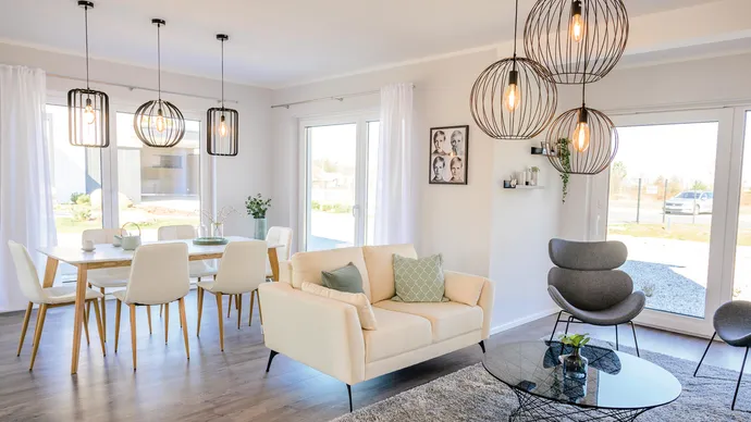 Musterhauscenter Dresden ScanHaus 150 Frontspieß Einfamilienhaus Wohnzimmer Esszimmer