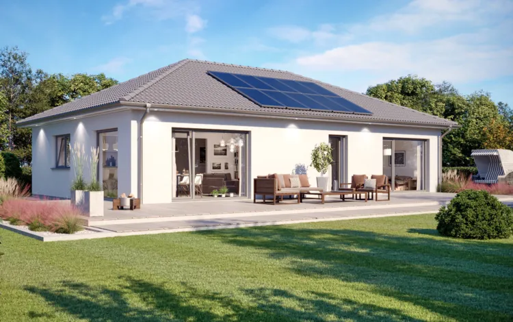 Terrassenansicht des Bungalows SH 105 B - Variante B mit optionaler Panoramaverglasung