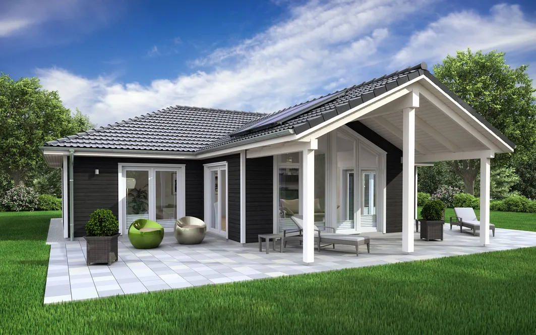 Fertighaus Bungalow SH 136 WB - Var. D1 mit überdachtem Freisitz