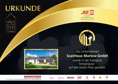 Auszeichnung ScanHaus in der Kategorie Fertighäuser mit dem 1. Platz