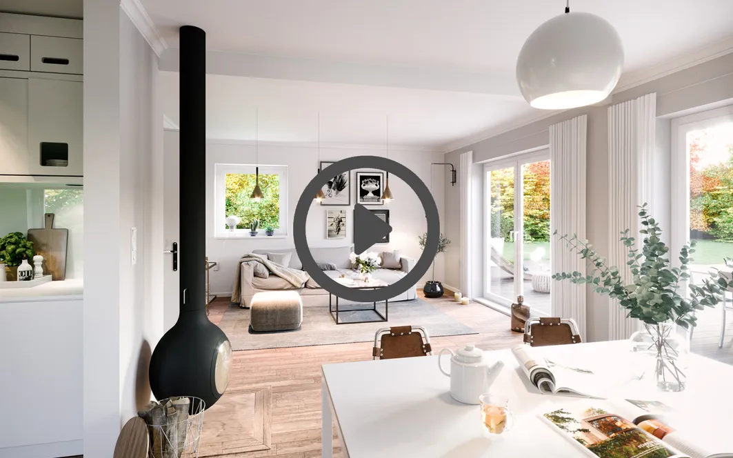 Fertighaus 1,5 Geschosser SH 142 - Var. B Animation Wohn- und Essbereich