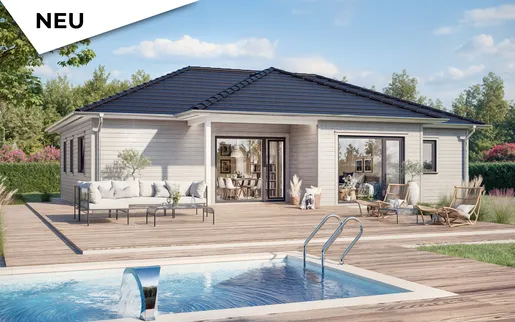 Bungalow SH 113 B - Variante A1 mit heller Holzfassade und Panoramaverglasung (inklusive)