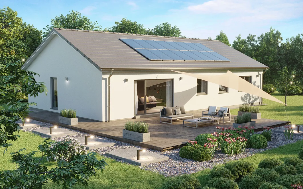 Fertighaus Bungalow SH 128 B (Satteldach und Panoramaverglasung optional)