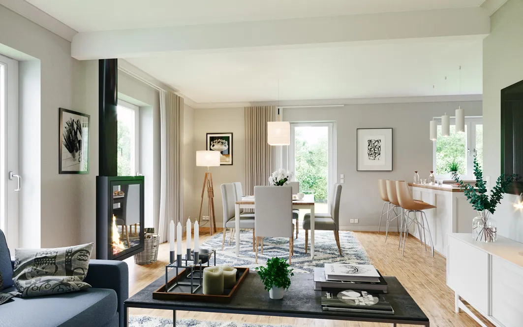 Fertighaus 1,5-Geschosser SH 142 - Var. D Wohnzimmer mit offener Küche