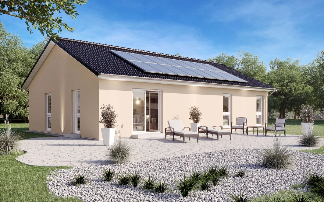 Terrassenansicht des Bungalows SH 95 B mit optionalem Satteldach