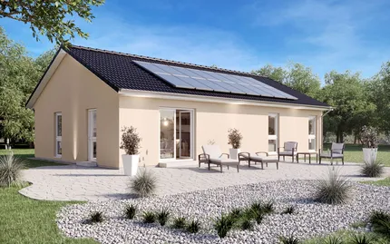 Fertighaus Bungalow SH 95 B mit Satteldach (optional) Terrassenansicht des Bungalows SH 95 B mit optionalem Satteldach